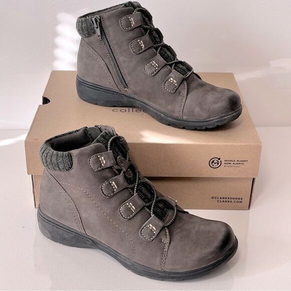 Clarks Collection Carleigh Jade Leather & Knit Ankle Boots - Picture 1 of 8
